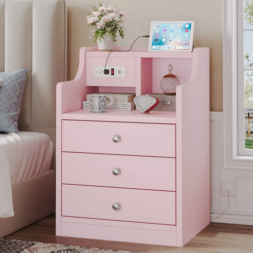 Sikaic Nightstand Nightstand with Charging Station Storage Drawers Pink Pink / Engineered Wood / Modern