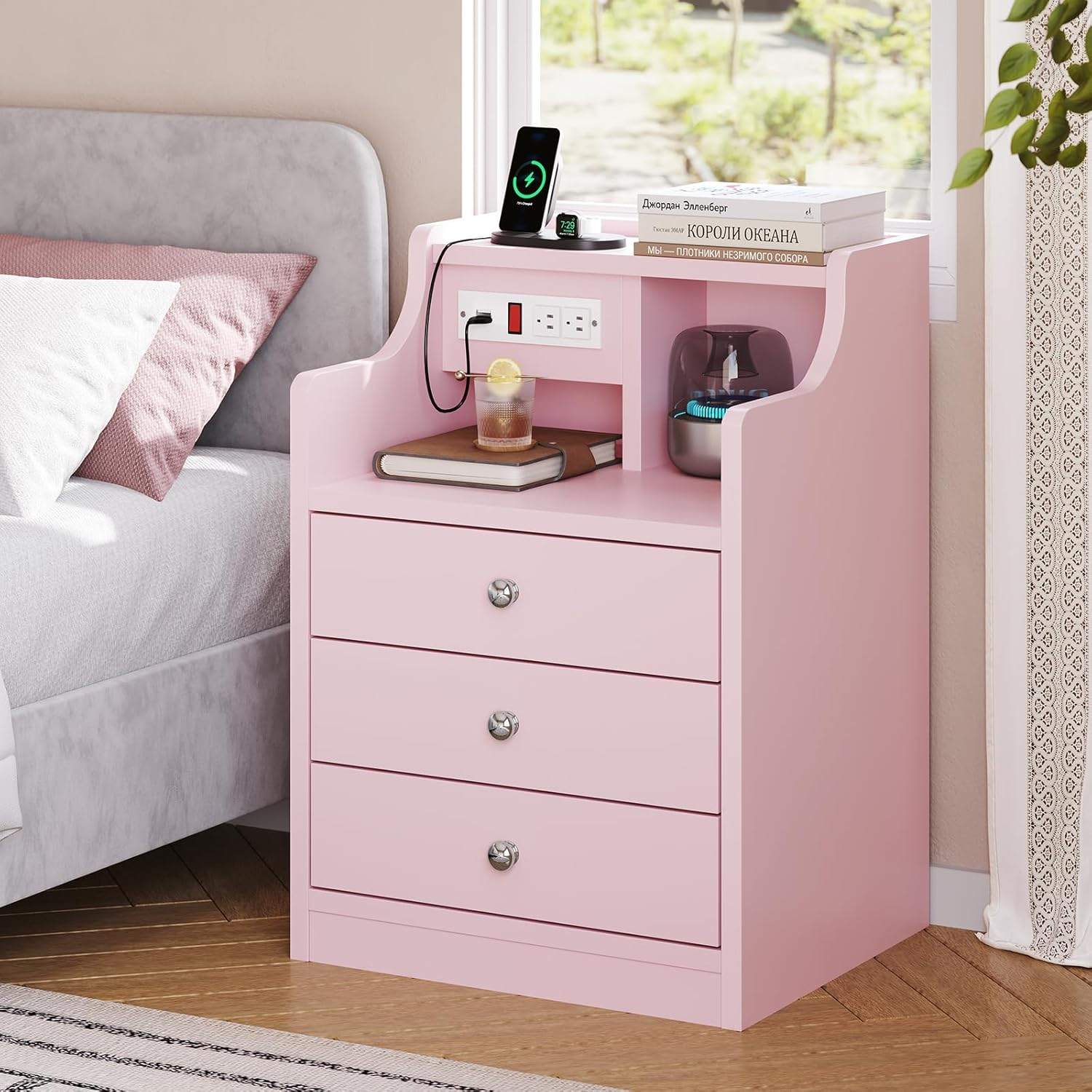 Pink Nightstand Set Sikaic Nightstand with Outlets Storage Pink