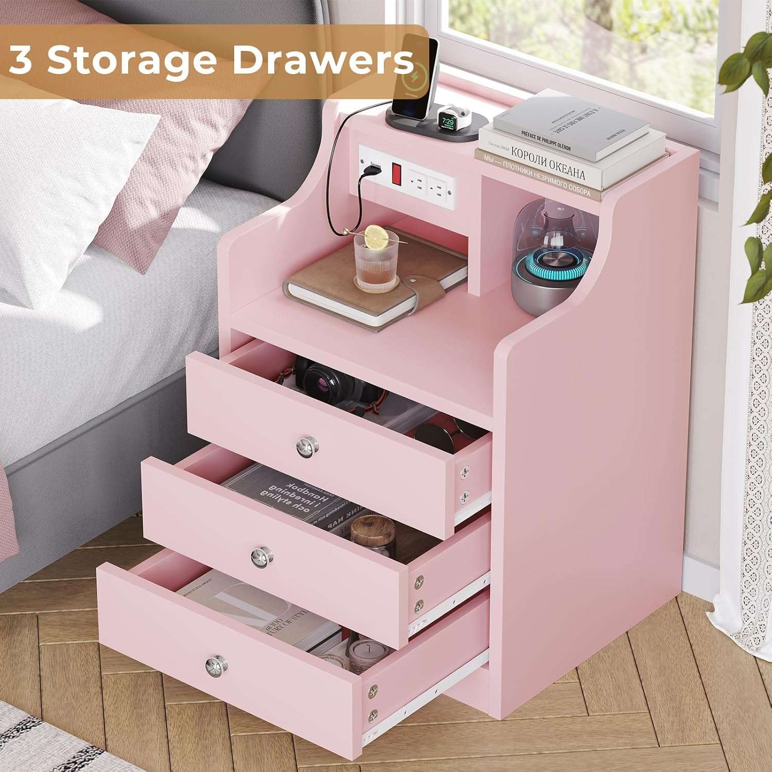 Pink Nightstand Set Sikaic Nightstand with Outlets Storage Pink