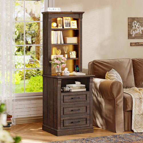 Sikaic Nightstand 61 Inches Tall Nightstand with Charging Station and LED Light Walnut Walnut Brown / Engineered Wood / Mid Century