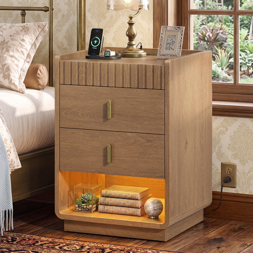 Sikaic Nightstand Nightstand with Lockable Velvet Drawer and LED Lights Walnut Walnut / Engineered Wood / Mid-Century Modern