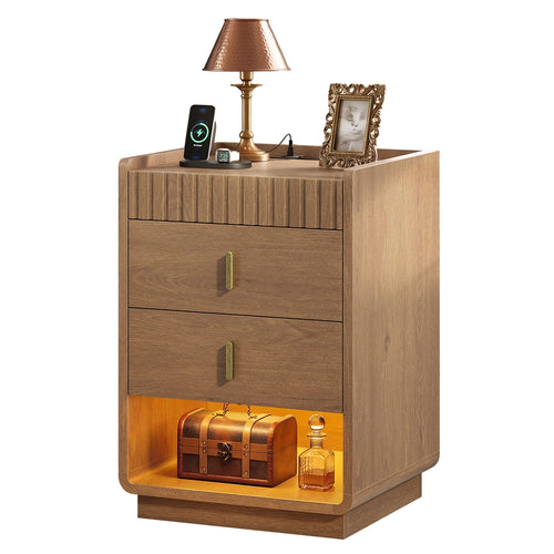 Sikaic Nightstand Nightstand with Lockable Velvet Drawer and LED Lights Walnut Walnut / Engineered Wood / Mid-Century Modern