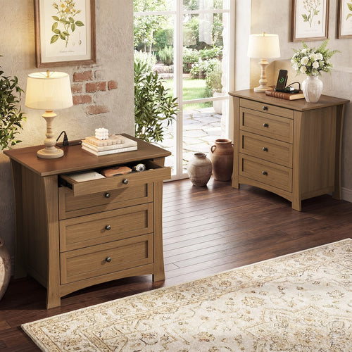 Sikaic Nightstand 2 PCS Nightstands with 3 Drawers, Pull-Out Tray & Charging Station Walnut Walnut / Engineered Wood / Modern