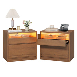 Sikaic Nightstand 2PCS Sikaic Glass Nightstand with 3-Color LED Lights & Charging Station Walnut Walnut / Engineered Wood / Modern