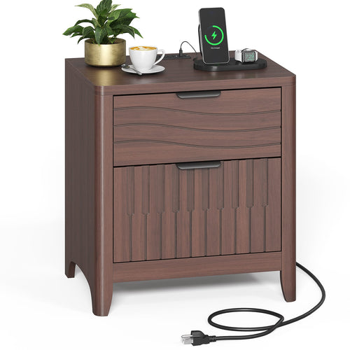 Sikaic Nightstand Fluted Nightstand with 2 Storage Drawers for Bedroom Walnut Walnut / Engineered Wood / Modern