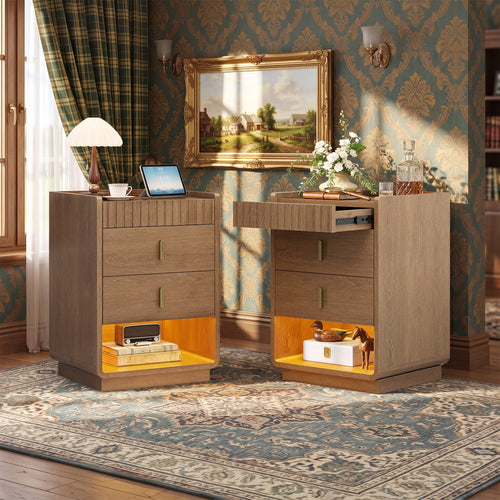 Sikaic Nightstand Fluted Nightstand with Charging Station RGB LED Lights Walnut Walnut / Engineered Wood / Modern