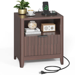 Sikaic Nightstand Fluted Nightstand with Charging Station Walnut Walnut / Engineered Wood / Modern