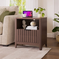 Sikaic Nightstand Fluted Nightstand with Charging Station Walnut Walnut / Engineered Wood / Modern