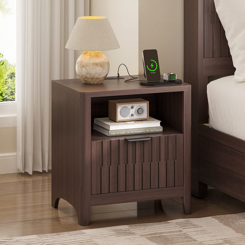 Sikaic Nightstand Fluted Nightstand with Charging Station Walnut Walnut / Engineered Wood / Modern