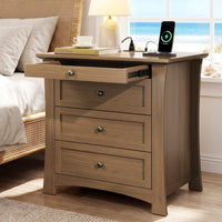 Sikaic Nightstand Nightstand with 3 Drawers, Pull-Out Tray & Charging Station Walnut Walnut / Engineered Wood / Modern