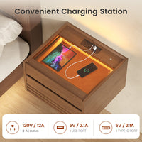 Sikaic Nightstand Sikaic Floating Glass Nightstand with Touch LED & Charging Station Walnut Walnut / Engineered Wood / Modern