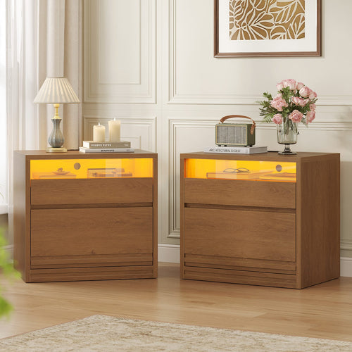 Sikaic Nightstand Sikaic Glass Nightstand with 3-Color LED Lights & Charging Station Walnut Walnut / Engineered Wood / Modern