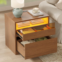 Sikaic Nightstand Sikaic Glass Nightstand with 3-Color LED Lights & Charging Station Walnut Walnut / Engineered Wood / Modern
