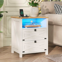 Sikaic Nightstand Nightstand with Charging Station and LED Lights Rustic Vintage White White / Engineered Wood / Farmhouse