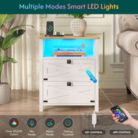Sikaic Nightstand Nightstand with Charging Station and LED Lights Rustic Vintage White White / Engineered Wood / Farmhouse