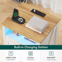 Sikaic Nightstand Nightstand with Charging Station and LED Lights Rustic Vintage White White / Engineered Wood / Farmhouse