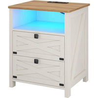 Sikaic Nightstand Nightstand with Charging Station and LED Lights Rustic Vintage White White / Engineered Wood / Farmhouse