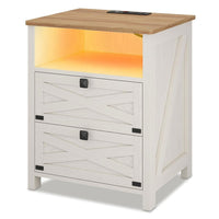 Sikaic Nightstand Nightstand with Charging Station and LED Lights Rustic Vintage White White / Engineered Wood / Farmhouse