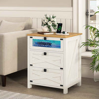 Sikaic Nightstand Nightstand with Charging Station and LED Lights White White / Engineered Wood / Farmhouse
