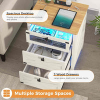 Sikaic Nightstand Nightstand with Charging Station and LED Lights White White / Engineered Wood / Farmhouse