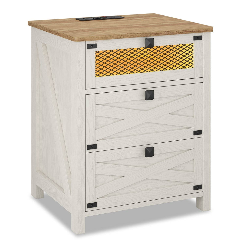 Sikaic Nightstand Nightstand with Charging Station and LED Lights White White / Engineered Wood / Farmhouse