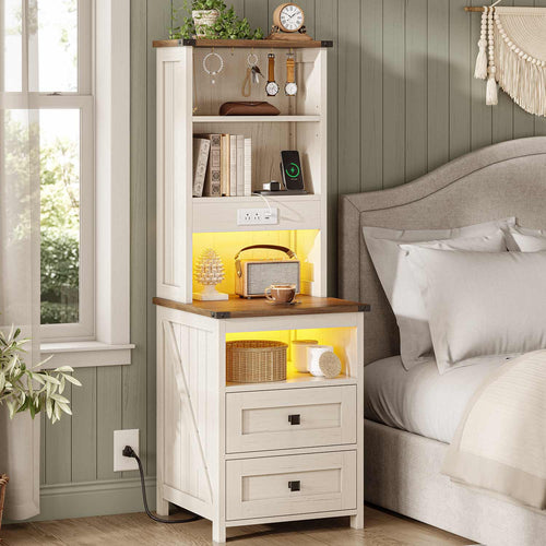 Sikaic Nightstand Tall Nightstand with Charging Station and Bookshelf White White / Engineered Wood / Farmhouse