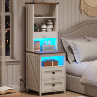 Sikaic Nightstand Tall Nightstand with Charging Station and Bookshelf White White / Engineered Wood / Farmhouse