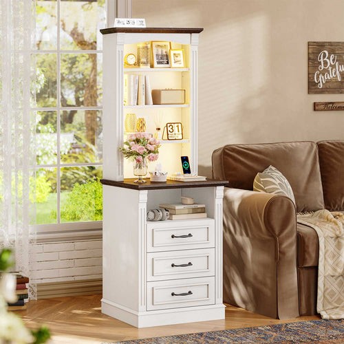 Sikaic Nightstand 61 Inches Tall Nightstand with Charging Station and LED Light White White / Engineered Wood / Modern