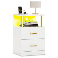 Sikaic Nightstand LED 2 Drawers Nightstand with Charging Station White White / Engineered Wood / Modern