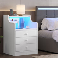 Sikaic Nightstand LED Nightstand with Hutch Drawers Charging Station White