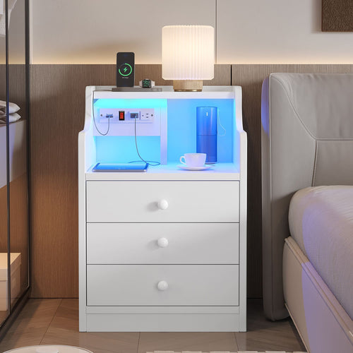 Sikaic Nightstand LED Nightstand with Hutch Drawers Charging Station White