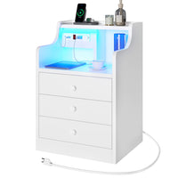 Sikaic Nightstand LED Nightstand with Hutch Drawers Charging Station White