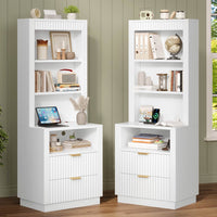 Sikaic Nightstand Tall Fluted Nightstand with Drawers and Charging Station White White / Engineered Wood / Modern