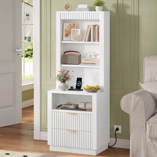 Sikaic Nightstand Tall Fluted Nightstand with Drawers and Charging Station White White / Engineered Wood / Modern