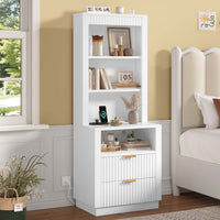 Sikaic Nightstand Tall Fluted Nightstand with Drawers and Charging Station White White / Engineered Wood / Modern