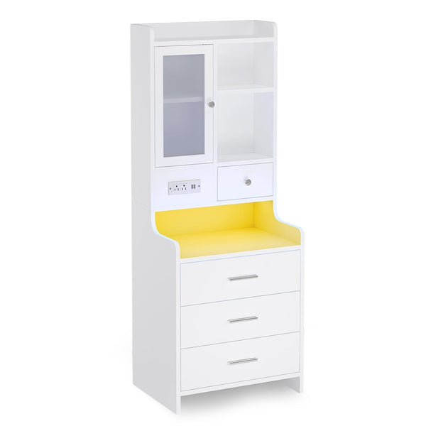 White Tall Nightstand with LED Glass Door | Sikaic