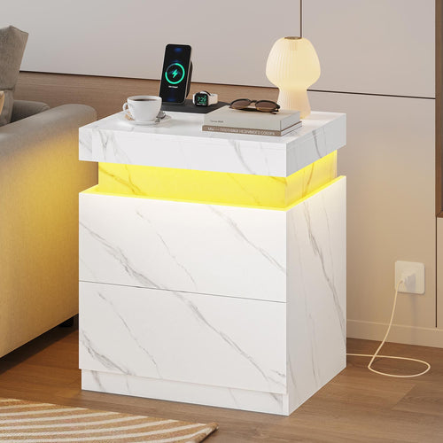 Sikaic Nightstand Nightstand with Sliding Top and 2 Drawers White  Marble White Marble / Engineered Wood / Style