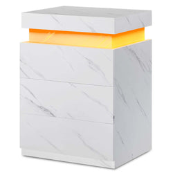 Sikaic Nightstand LED Nightstand with Sliding Top and Charging Station White Marble White Marble / Modern