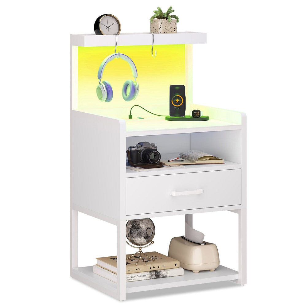 Sikaic Nightstand LED Nightstand with Charging Station White White / Metal / Modern