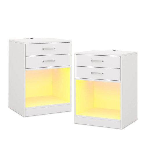 Sikaic Nightstand 2Pcs LED Nightstand with Power Outlets White White / Modern