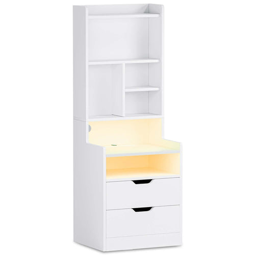 Sikaic Nightstand LED Nightstand with Bookshelf Charging Station White White / Modern
