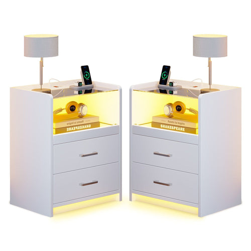 Sikaic Nightstand 2 Pack LED Nightstand with 2 Storage Drawers White White / Tempered Glass / Modern