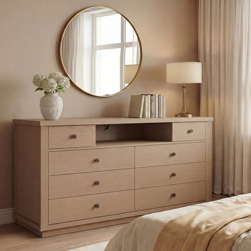 Sikaic 63 inch Wide 8-Drawer Dresser TV Stand White Oak Oak / Engineered Wood / Modern