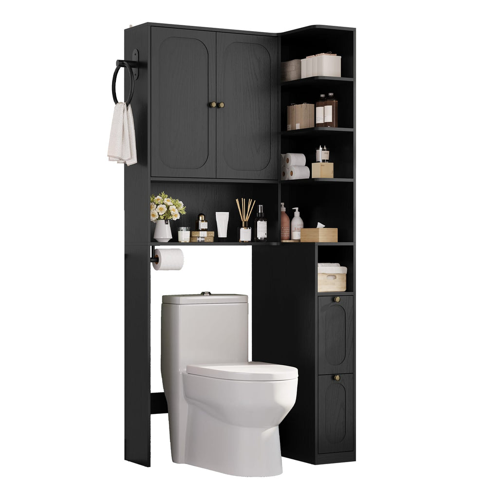 Sikaic Over The Toilet Storage Cabinet 7-Tier L-Shaped Over the Toilet Storage Cabinet with Doors & Drawers Black Black / Engineered Wood / Modern