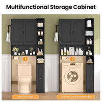 Sikaic Over The Toilet Storage Cabinet 7-Tier L-Shaped Over the Toilet Storage Cabinet with Doors & Drawers Black Black / Engineered Wood / Modern