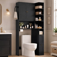 Sikaic Over The Toilet Storage Cabinet 7-Tier L-Shaped Over the Toilet Storage Cabinet with Doors & Drawers Black Black / Engineered Wood / Modern