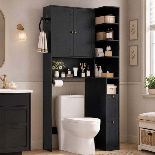 Sikaic Over The Toilet Storage Cabinet 7-Tier L-Shaped Over the Toilet Storage Cabinet with Doors & Drawers Black Black / Engineered Wood / Modern