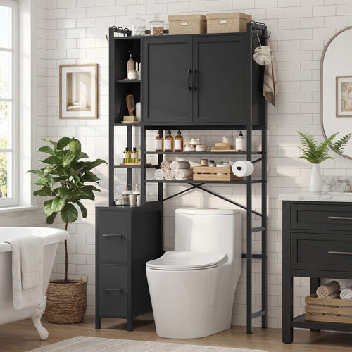 Sikaic Over The Toilet Storage Cabinet 7-Tier Over the Toilet Storage Cabinet with 2 Drawers Black Black / Engineered Wood / Modern