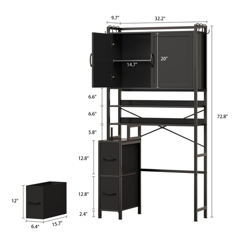 Sikaic Over The Toilet Storage Cabinet Over the Toilet Storage Cabinet with 2 Drawers and 6 Hooks Black Black / Engineered Wood / Modern