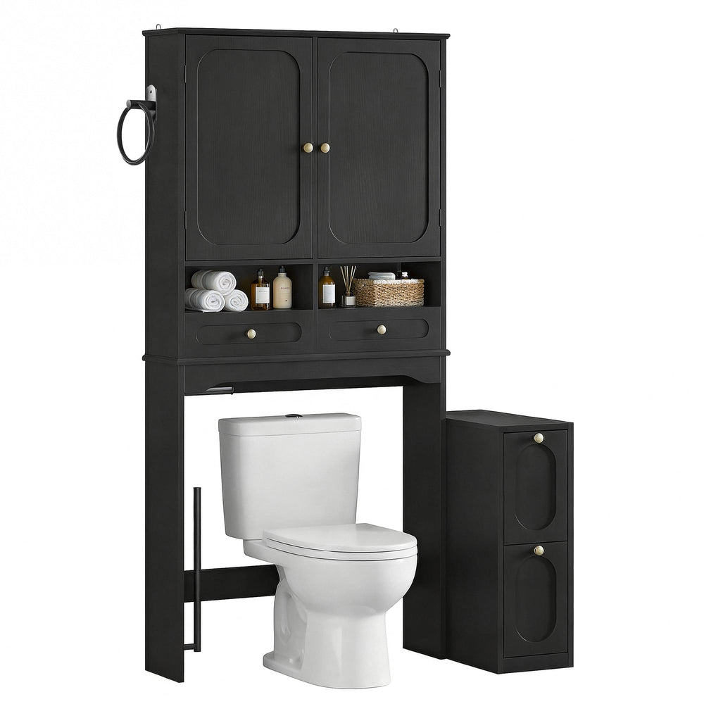 Sikaic Over The Toilet Storage Cabinet Over the Toilet Storage Cabinet with Mobile Cart and 4-Section Drawers Black Black / Engineered Wood / Modern